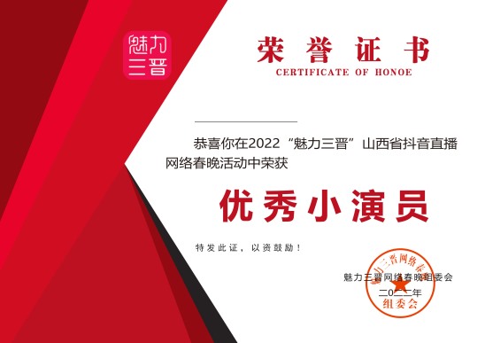 山西省抖音直播网络春晚荣誉证书